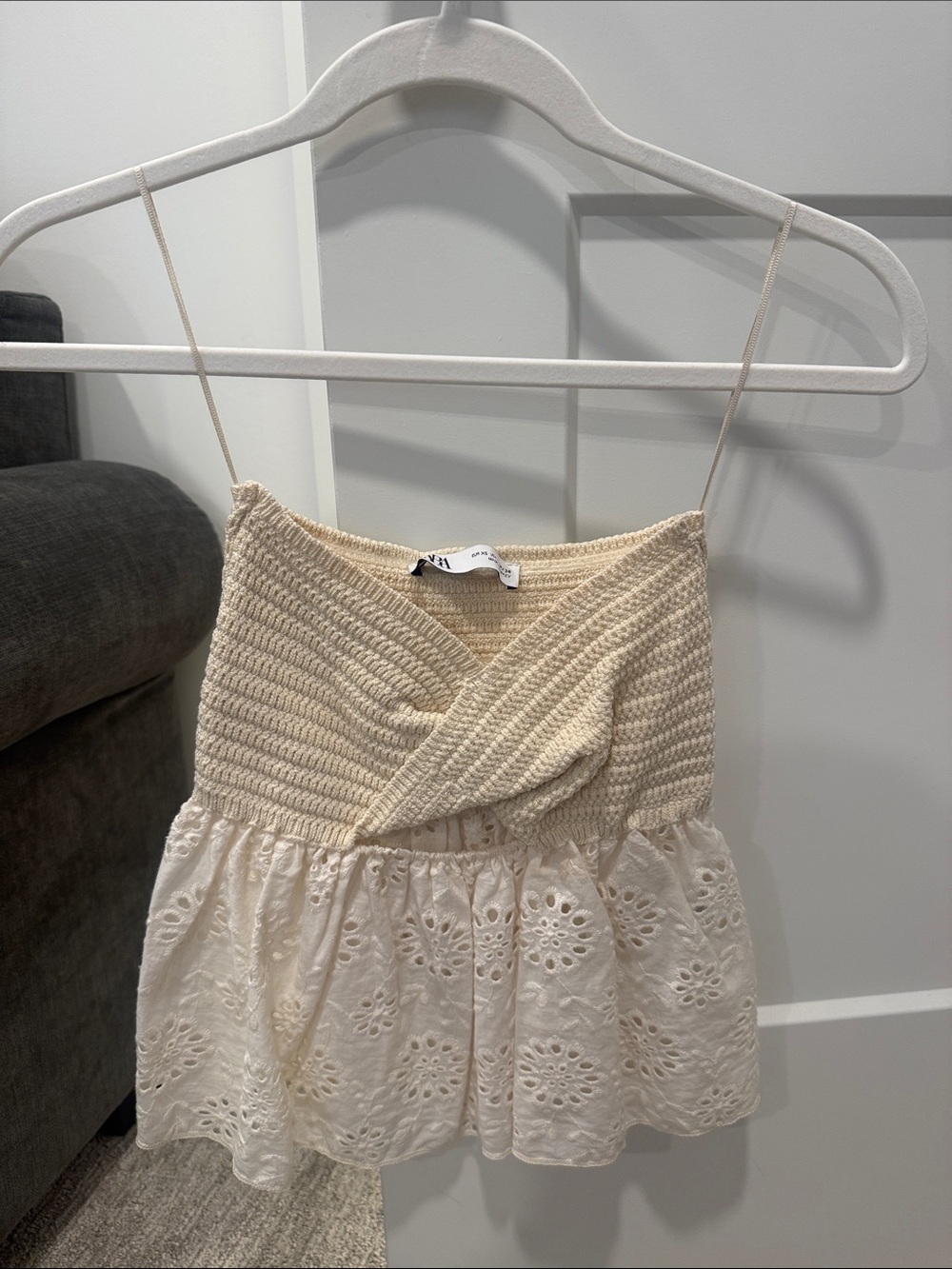 Zara Cream Knit & Eyelet Spaghetti-Strap Top